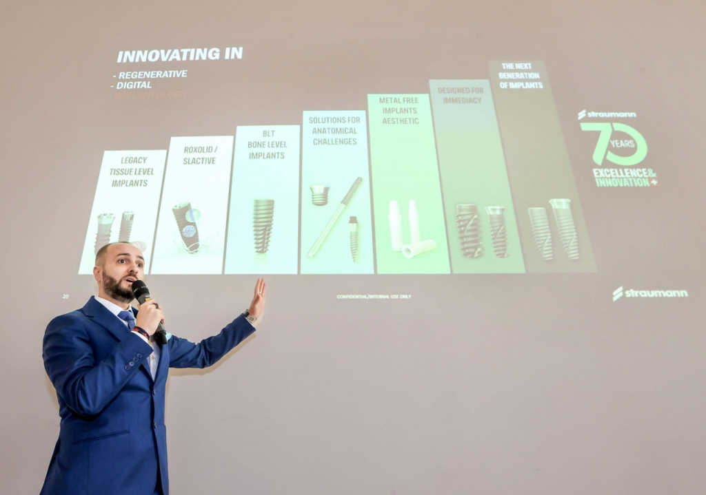 스트라우만 70주년 기념 기자간담회에서 로렌티우 모톡 스트라우만 본사 매니저가 스트라우만 그룹의 청사진을 보이고 있다. /사진=스트라우만 코리아