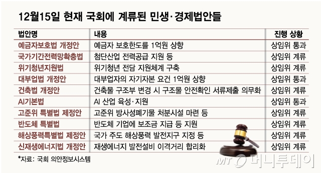 12월15일 현재 국회에 계류된 민생·경제법안들/그래픽=최헌정