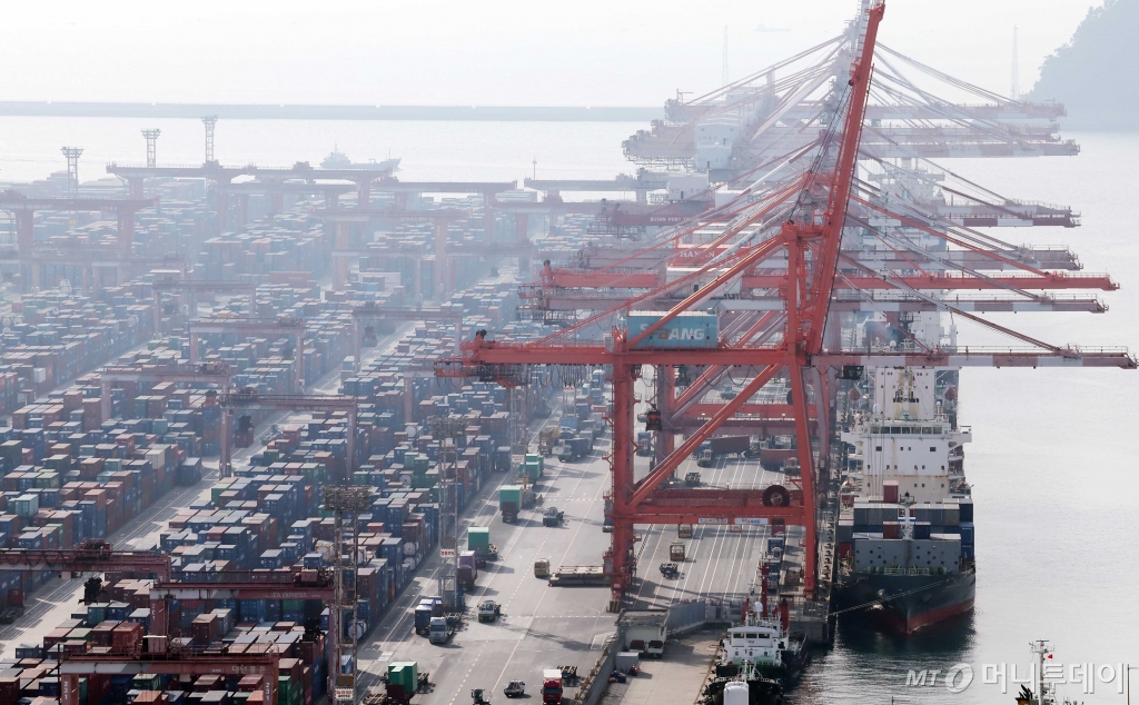 관세청에 따르면 지난 1~10일 수출은 전년도 같은 기간 대비 12.4% 증가한 176억 달러로 집계됐다. 수출은 지난달까지 14개월 연속 플러스를 유지하고 있다.  11일 부산 남구 신선대부두에서 컨테이너 선적 및 하역작업이 진행되고 있다. 2024.12.11. /사진=뉴시스