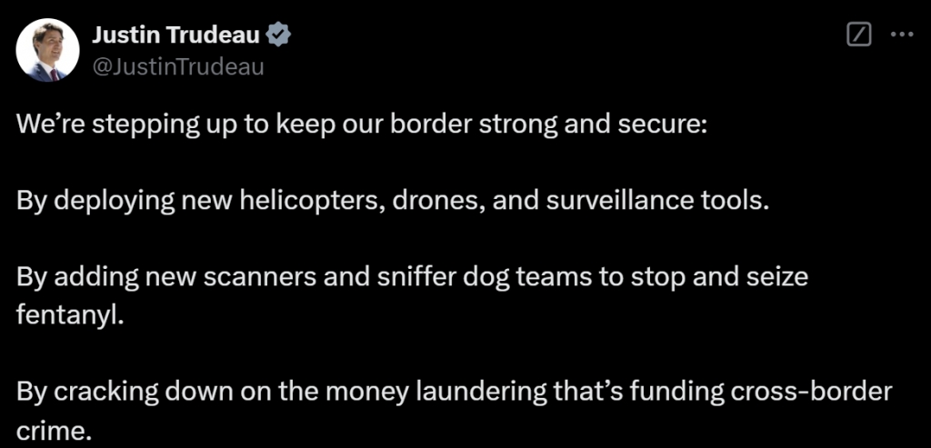 쥐스탱 트뤼도 캐나다 총리가 X를 통해 국경 단속을 강화하겠다고 약속했다/사진=X