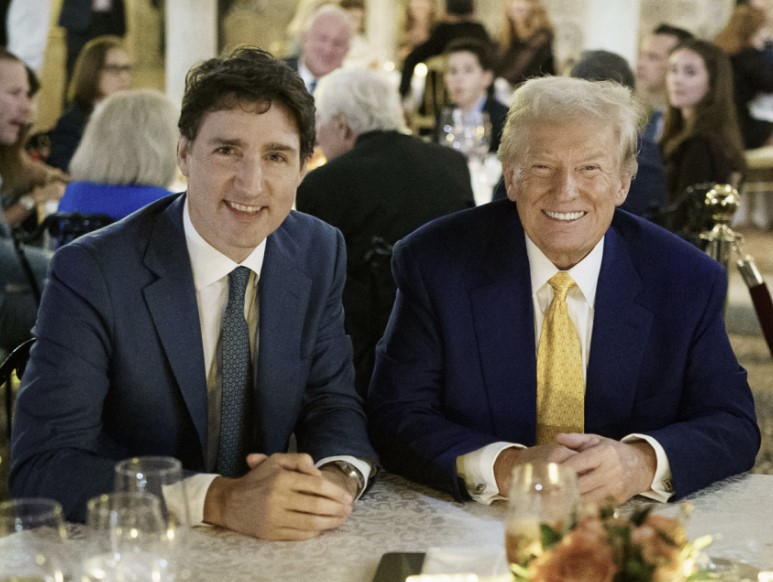 지난달 29일(현지 시간) 미국 플로리다주 마러라고를 찾은 쥐스탱 트뤼도 캐나다 총리(왼쪽)과 도널드 트럼프 미국 대통령 당선인. /사진=트뤼도 총리 X 계정 캡처