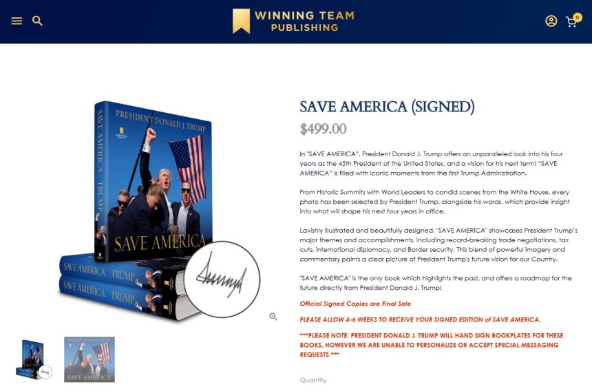 트럼프 당선인의 공식 출판사 '위닝팀 퍼블리싱' 누리집에 게재된 '세이브 아메리카' 화보집 서명본 갈무리.