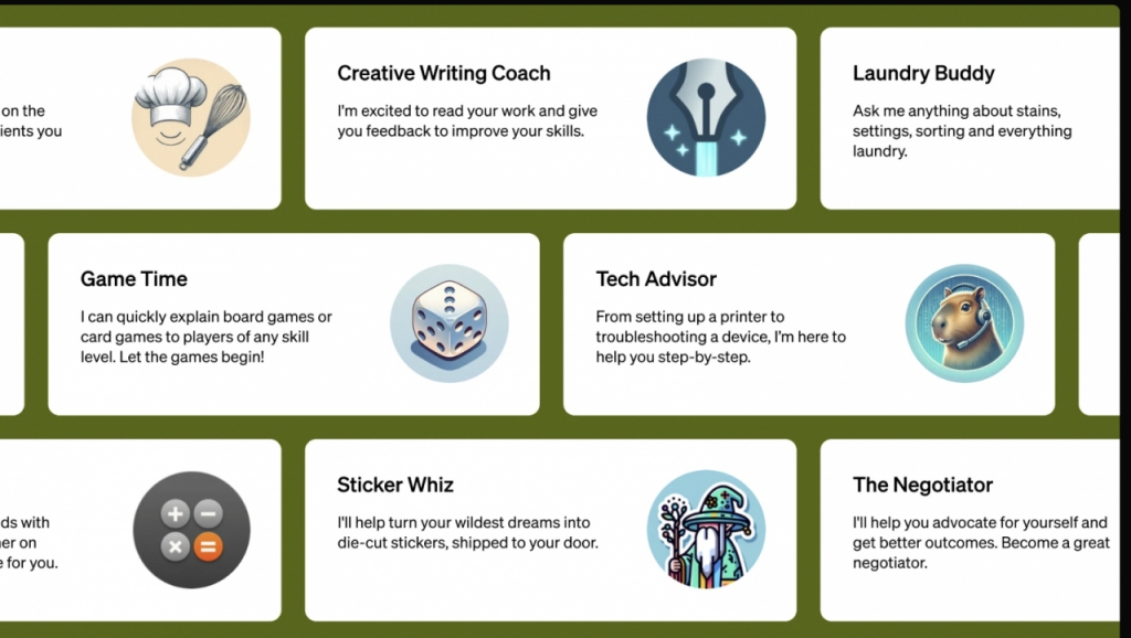 챗GPT의 챗봇 기능을 활용해 다양한 변형을 만들 수 있는 사례들. 글쓰기 선생님, 말동무, 기술 조력자 등등 다양한 콘셉들로 챗봇 서비스가 가능하다고 소개한다/사진=오픈AI 홈페이지