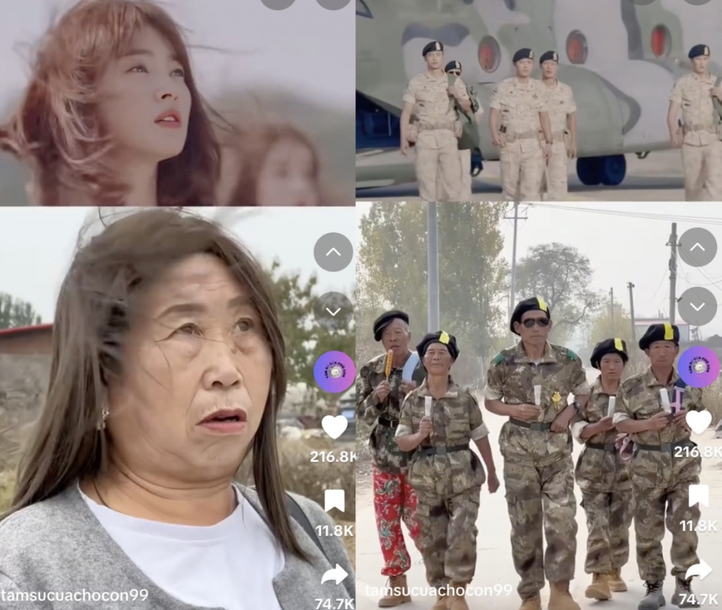 터무니없이 우스꽝스러운 영상미가 인기의 비결이었다. 드라마 태양의후예를 따라한 영상에서는 군복을 입은 노인들이 배우 송중기와 동료 군인들을 연기했다. 꽃무늬 바지를 입고 있거나 손에는 막대 사탕이나 소시지 등 원작에는 없는 소품이 등장한다./사진=틱톡(@tamsucuachocon99) 갈무리