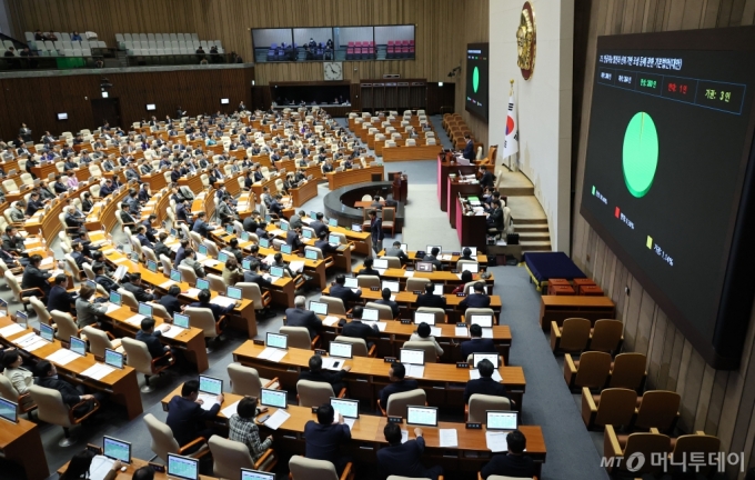 [서울=뉴시스] 권창회 기자 = 26일 오후 서울 여의도 국회에서 열린 본회의에서 인공지능 발전과 신뢰 기반 조성 등에 관한 기본법안(AI기본법)이 통과되고 있다. 2024.12.26. kch0523@newsis.com /사진=권창회