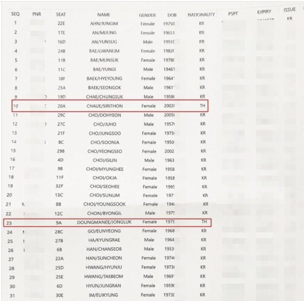 MGR온라인이 태국인 탑승객 명단에 빨간 표시를 해 보도했다./사진=MGR온라인 캡처