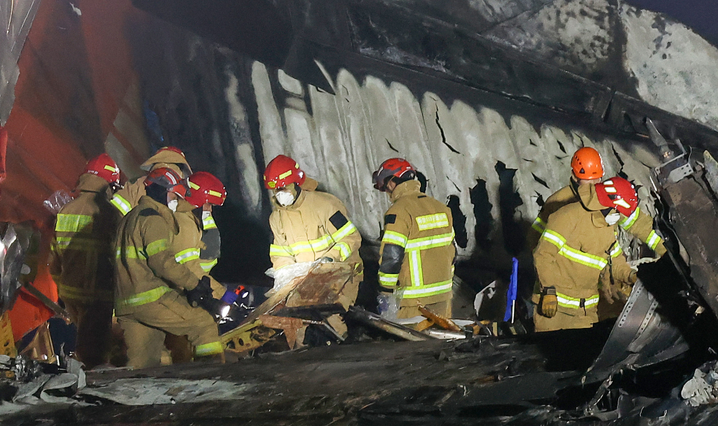 지난 29일 오후 181명이 탑승한 제주항공 여객기가 추락한 전남 무안국제공항에서 소방대원들이 사고 수습 작업을 하고 있다.   사고가 난 항공기는 방콕을 출발해 이날 오전 9시 무안국제공항에 도착 예정이던 제주항공 2216편으로 사고 여객기는 랜딩기어 고장으로 동체 착륙하던 중 사고가 난 것으로 파악되고 있다.  소방당국은 긴급 브리핑을 열고 "여객기에 탑승한 181명 중 구조자 2명을 제외한 인원이 모두 사망한 것으로 추정된다"며 "총력을 다해 수습 작업을 진행 중"이라고 밝혔다. /사진=뉴스1
