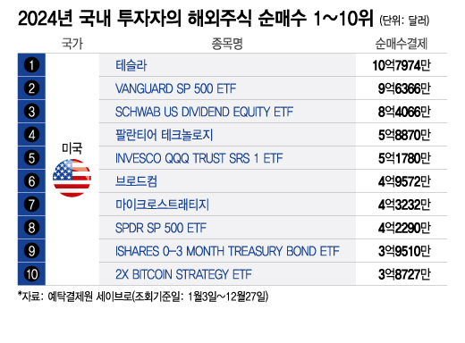 2024년 국내 투자자의 해외주식 순매수 1~10위. /그래픽=이지혜 기자.