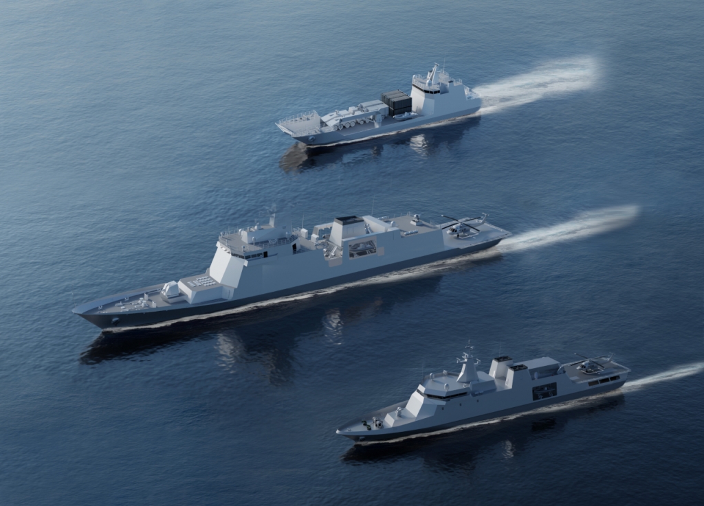 HD현대중공업이 페루로부터 수주한 3400톤급 호위함(가운데), 2200톤급 원해경비함(아래), 1500톤급 상륙함(위)의 조감도./사진=HD현대중공업 제공