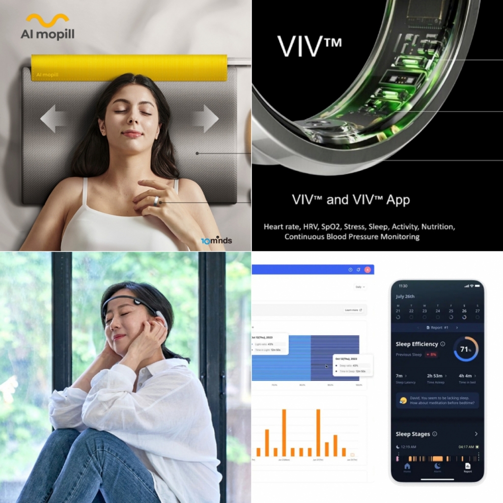 CES2025에 슬립테크 분야 K스타트업들이 도전장을 내밀었다. (왼쪽 위부터 시계방향)텐마인즈의 코골이 방지 베개 'AI모필', 비브헬스의 수면 지원 스마트링 '비브링', 에이슬립의 '수면비서' 서비스, 리솔의 수면 유도 헤어밴드 /사진=각사