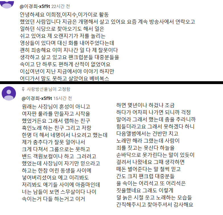 /사진=유튜브 채널 '사랑방선물'에 달린 이가이 댓글 갈무리