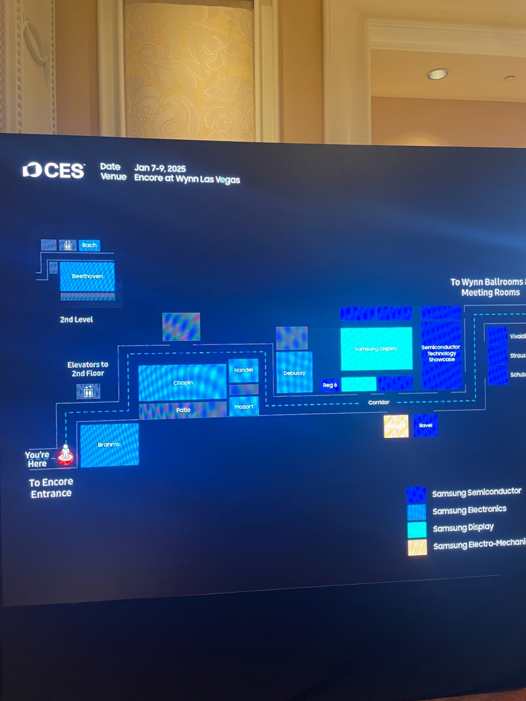 삼성전자와 삼성전자 반도체, 삼성디스플레이, 삼성전기 프라이빗 부스가 열리는 미국 라스베이거스 앙코르 호텔 모습/사진=한지연기자