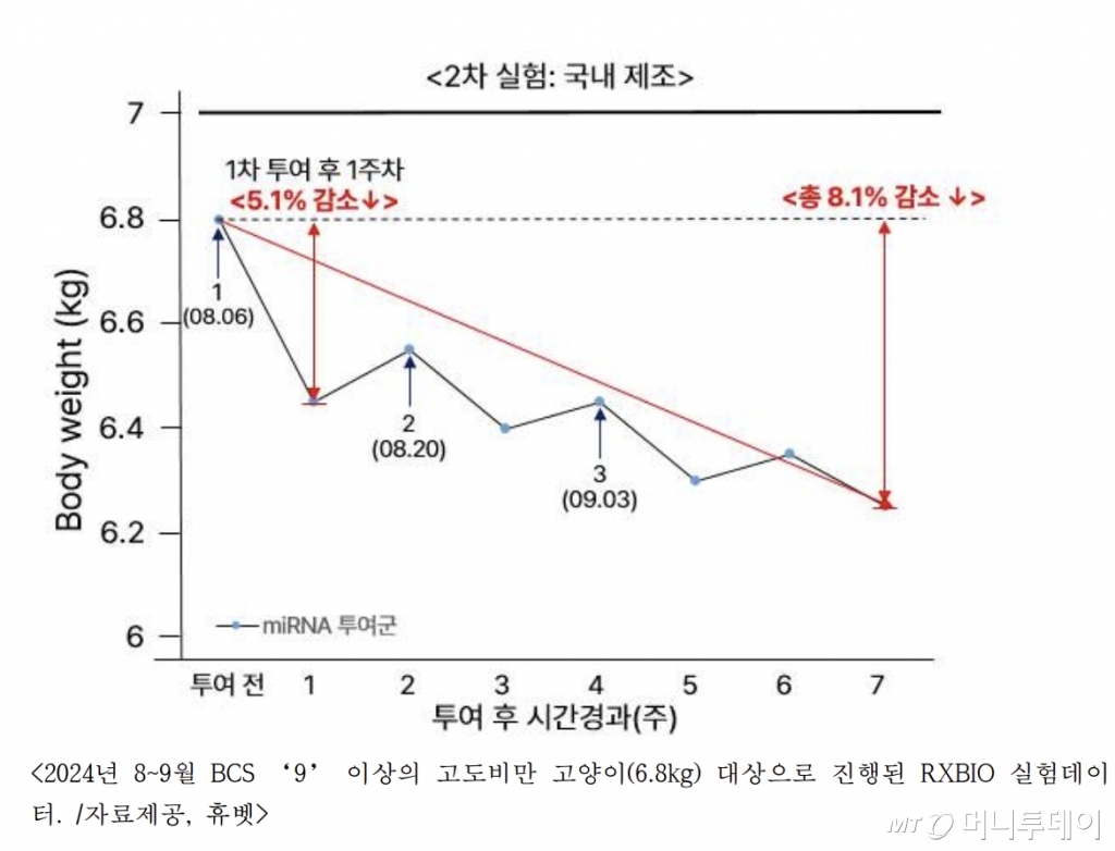 <2024년 8~9월 BCS '9' 이상의 고도비만 고양이(6.8kg) 대상으로 진행된 RXBIO 실험 데이터. /사진제공=RX바이오