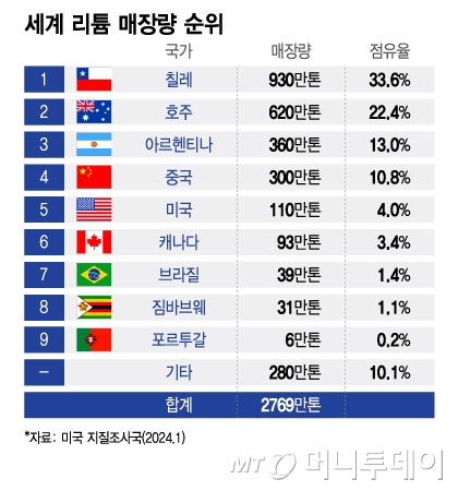 세계 리튬 매장량 순위/그래픽=이지혜