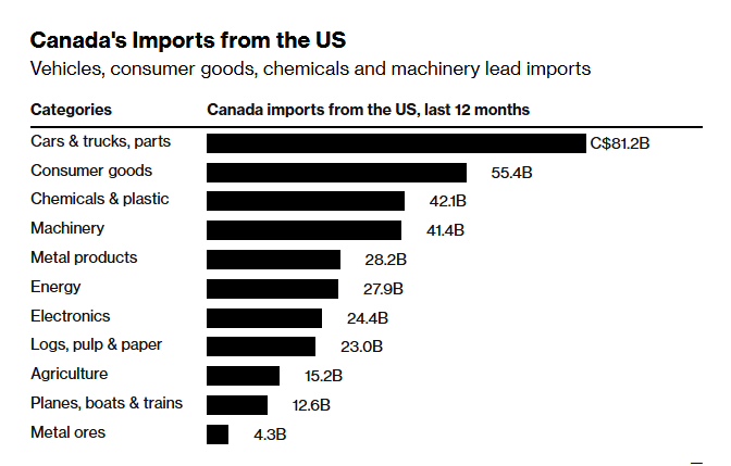 2024년 11월 기준 최근 1년간 캐나다에 수입된 미국산 제품 현황 /사진=블룸버그