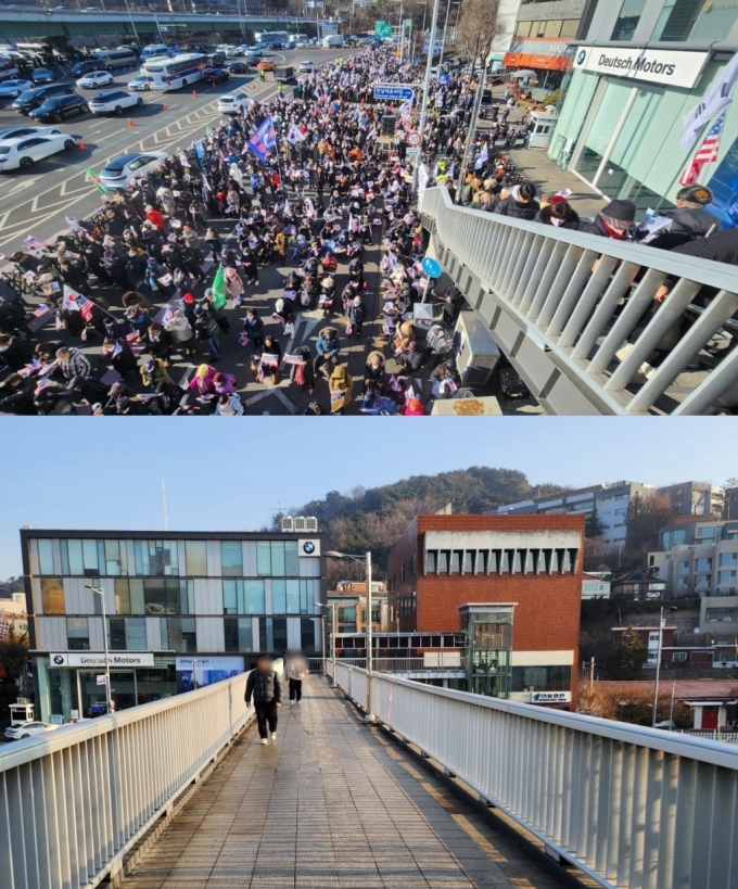 지난 2일 국제루터교회 인근 육교에 윤석열 대통령을 지지하는 보수단체 지지자들로 인파가 몰려있는 모습(위). 17일 오전 같은 장소 위에 평화롭게 시민들이 지나다니는 모습(아래)./사진=송정현 기자