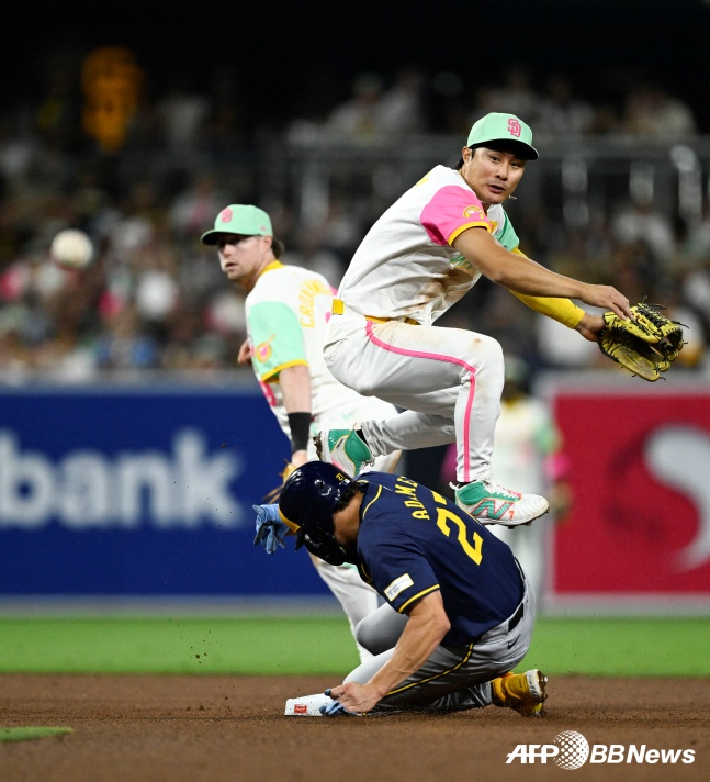 김하성(위쪽)과 윌리 아다메스. /AFPBBNews=뉴스1