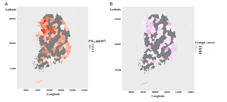 우리나라 미세먼지 농도 분포와 지역별 비뇨기계암 발생률./사진=서울성모병원