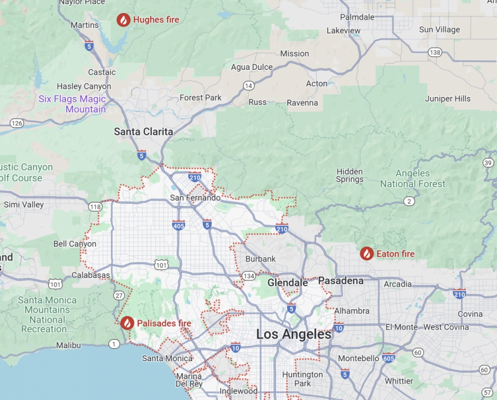 22일(현지시간) LA시 안팎에서 진행 중인 3개의 산불/사진=구글지도