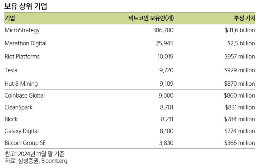 비트코인 보유 상위 기업 /사진=삼성증권