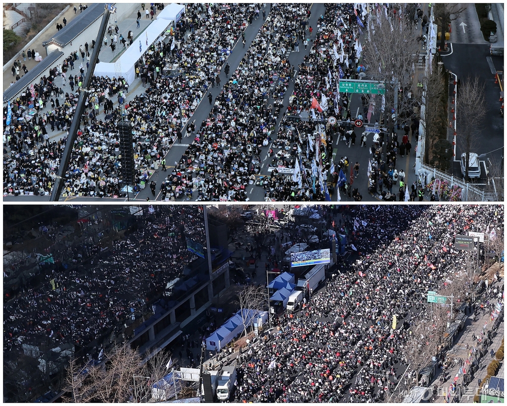 (서울=뉴스1) 김성진 기자,이동해 기자 = 설 연휴인 25일 오후 서울 도심 경복궁과 광화문 일대에서는 윤석열 대통령 탄핵을 촉구하거나 반대하는 대규모 집회가 열렸다. 사진은 경복궁 4번출구 인근에서 열린 ‘윤석열 대통령 탄핵 촉구 집회’(위)와 동화면세점 앞에서 열린 '윤석열 대통령 탄핵 반대 집회'(아래). 2025.1.25/뉴스1  Copyright © 뉴스1. All rights reserved. 무단 전재 및 재배포,  AI학습 이용 금지. /사진=(서울=뉴스1) 김성진 기자,이동해 기자