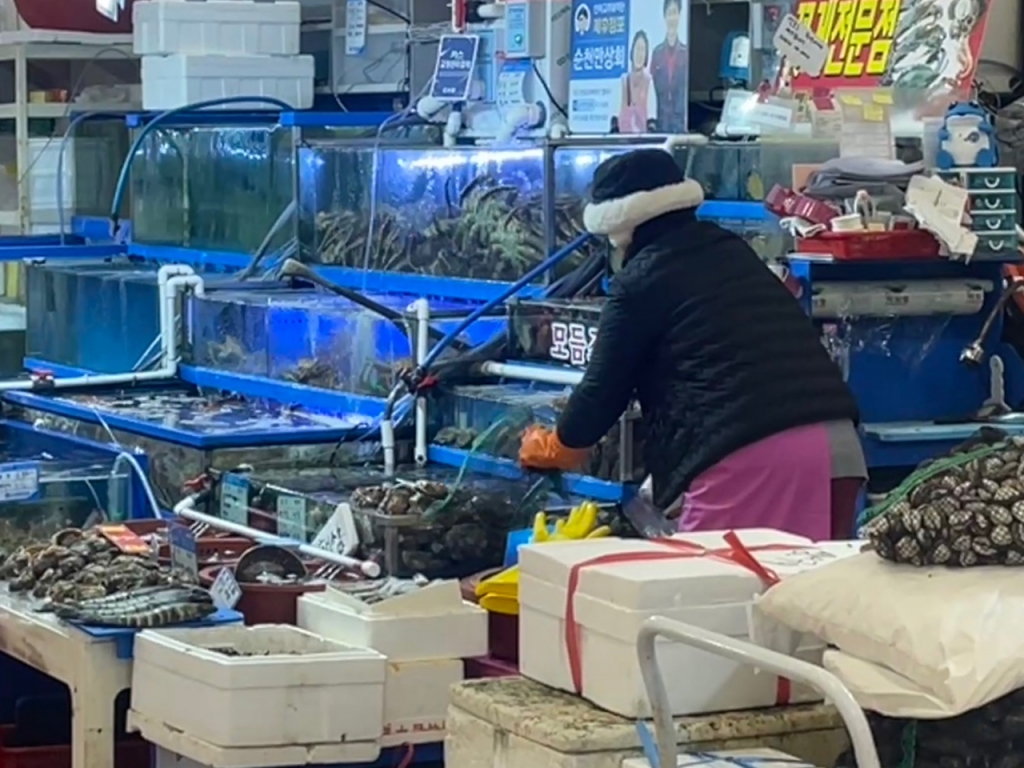 3일 오전 노량진 수산시장에서 장사를 준비하는 한 상인이 모듬조개를 정리하고 있다. /사진=이현수 기자.