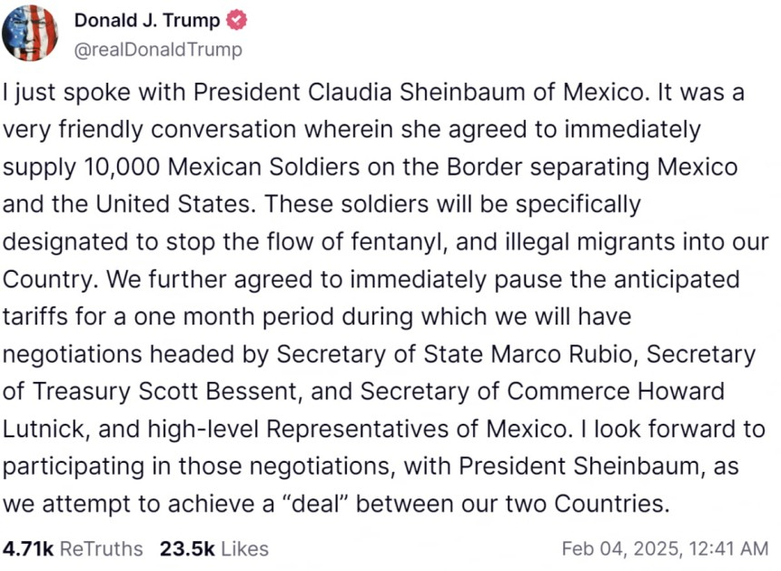 /도널드 트럼프 미국 대통령이 3일(현지시간) 소셜미디어 트루스소셜에 올린 글에서 멕시코에 대한 관세 부과를 한달 동안 유예한다고 밝혔다. /트럼프 대통령 게시글 캡쳐.