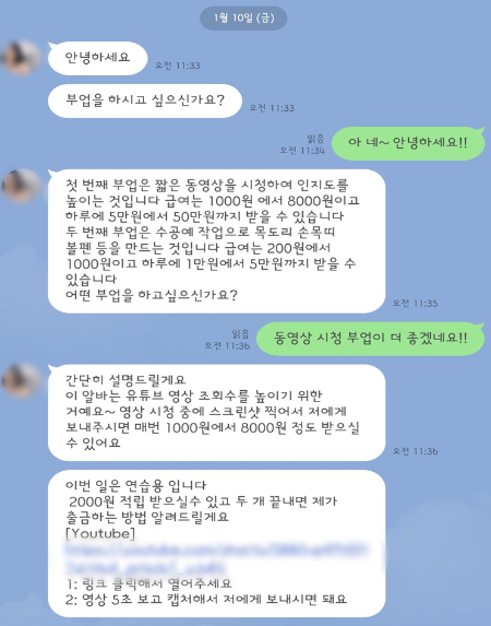 게임 도중 광고를 누른 A씨에게 부업 권유를 하는 상대방. /사진=본인제공