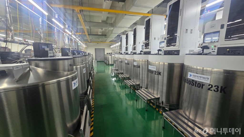 지난 11일 오후 1시쯤 충북 청주시 국립중앙인체자원은행(NBK) 내 저장실 액체질소냉동고의 모습. 액체질소냉동고는 550평(1818㎡) 면적의 공간으로 진공 단열된 냉동고 내부에 액체질소를 담아 냉동고 내부온도를 영하 150℃ 이하로 낮춘다. 혈청·혈장·세포가 보관되며 현재 403대의 장비가 설치돼 865만 바이알의 자원을 보관하고 있다. /사진=홍효진 기자