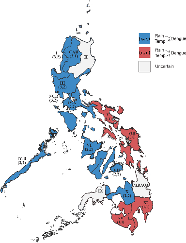 필리핀 16개 지역의 5년간 기후 변화와 뎅기열 발병 데이터 분석 결과. 16개 지역 모두에서 온도가 뎅기열 발병을 증가시키는 주요 요인으로 작용했다. 반면, 강우는 지역별로 상반된 영향을 미쳤다. 동부 지역에서는 강우가 뎅기열 발병을 증가시켰지만, 서부 지역에서는 감소시키는 경향이 나타났다./사진=IBS