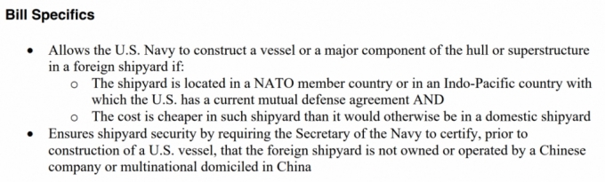 마이크 리 미국 공화당 상원 의원은 지난 5일(현지시간) '해군 준비태세 보장법'(Ensuring Naval Readiness Act)을 발의했다. 세부 내용으로는 '미 해군이 선박 또는 선체, 상부 구조물의 주요 구성 요소를 외국 조선소에서 건조할 수 있도록 허용한다'는 내용이 담겼다. 조선소 위치는 '북대서양조약기구(NATO) 회원국 또는 미국이 현재 상호방위협정을 맺은 인도태평양 국가'라고 한정했다. '중국이 운영하거나 소유해선 안 되고 중국에 본사를 둔 다국적 기업이 운영하는 곳이 아니어야 한다'는 조건도 달았다. / 사진=마이크 리 미국 공화당 상원 의원실