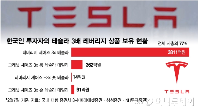 한국인 투자자의 테슬라 3배 레버리지 상품 보유 현황/그래픽=김다나