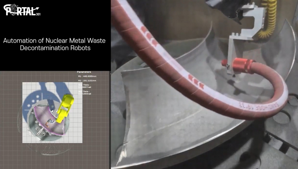 포탈301의 제엄 로봇(오른쪽)이 원전부품 오염을 제거하고, 이 모습이 디지털 화면(왼쪽)에 실시간 구현된다./사진=포탈301