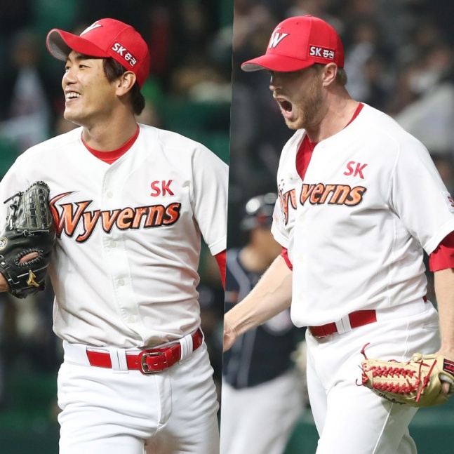 SK 와이번스 시절 김광현(왼쪽)과 메릴 켈리. /사진=SSG 랜더스 제공