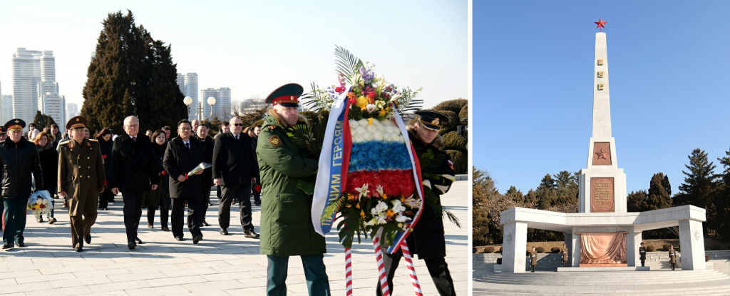 (평양 노동신문=뉴스1) = 북한 노동당 기관지 노동신문은 24일 러시아 국경일인 '조국수호자의 날'(2월 23일)을 맞아 북한 주재 러시아대사관 직원들이 지난 23일 해방탑에 화환을 진정했다고 보도했다.    [국내에서만 사용가능. 재배포 금지. DB 금지]
