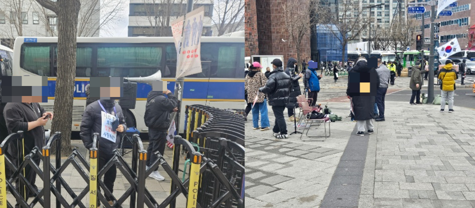 25일 오후 2시쯤 각각 안국역 사거리 근처와 송현공원에서 탄핵 찬성 시위를 벌이고 있는 집회 참가자들의 모습/사진=박상혁 기자