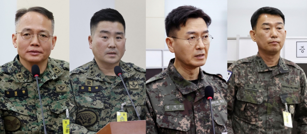 왼쪽부터 이상현 육군 특수전사령부 제1공수특전여단장(준장), 김현태 특전사 제707특수임무단장(대령), 김대우 국군방첩사령부 방첩수사단장(준장), 박헌수 국방부 조사본부장. / 사진=뉴스1·뉴시스