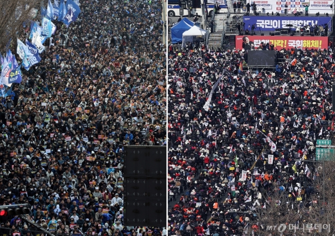 (서울=뉴스1) 이동해 기자 = 법원의 윤석열 대통령 구속 취소 결정 이후 첫 주말인 8일 서울 도심 곳곳에서 윤 대통령 탄핵 찬반 집회가 열렸다.   사진 왼쪽은 종로구 안국동에서 열린 찬성집회 '야5당 공동 윤석열 파면 촉구 2차 범국민대회'. 오른쪽은 광화문 광장에서 열린 탄핵 반대집회'자유통일을 위한 국민대회'. 2025.3.8/뉴스1  Copyright (C) 뉴스1. All rights reserved. 무단 전재 및 재배포,  AI학습 이용 금지. /사진=(서울=뉴스1) 이동해 기자