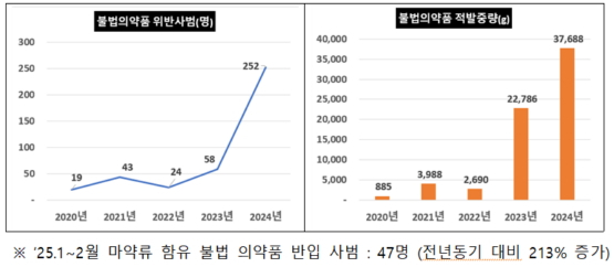 최근 5년간 마약류 함유 불법의약품 적발 동향./사진제공=관세청