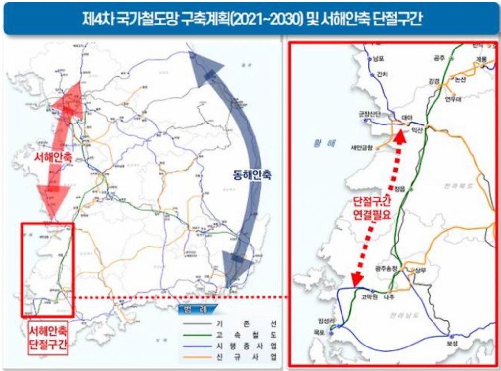 제4차 국가철도망 구축계획'에 포함된 서해안축 단절구간.(점선)/사진제공=전북특별자치도