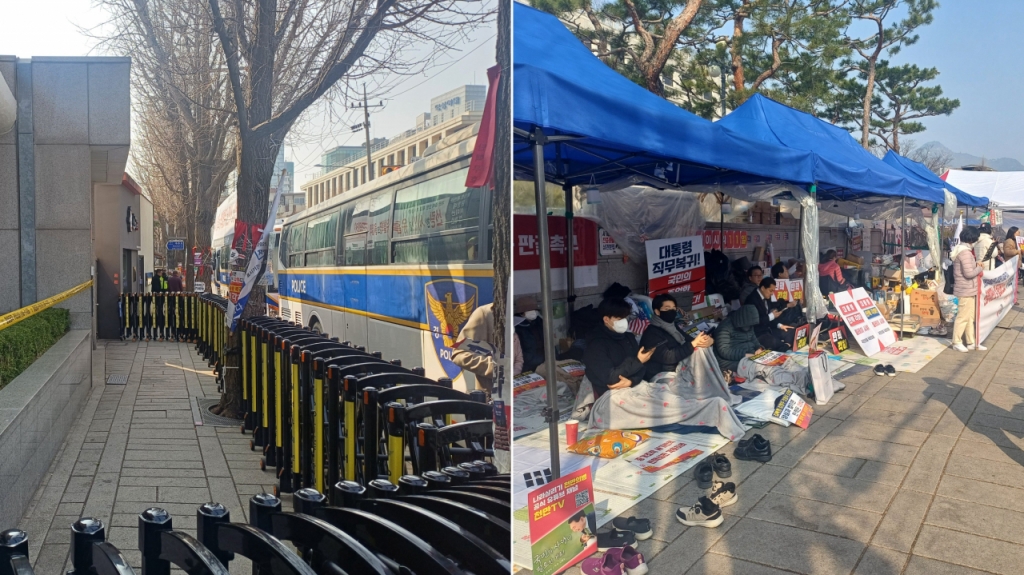 21일 오전 헌법재판소 맞은편 도로의 시위대들이 해산돼 도로가 고요한 모습(왼쪽). 반면 헌법재판소 정문 근처에선 1인 시위자들이 천막을 치고 농성을 이어가고 있다(오른쪽). /사진=오석진 기자.
