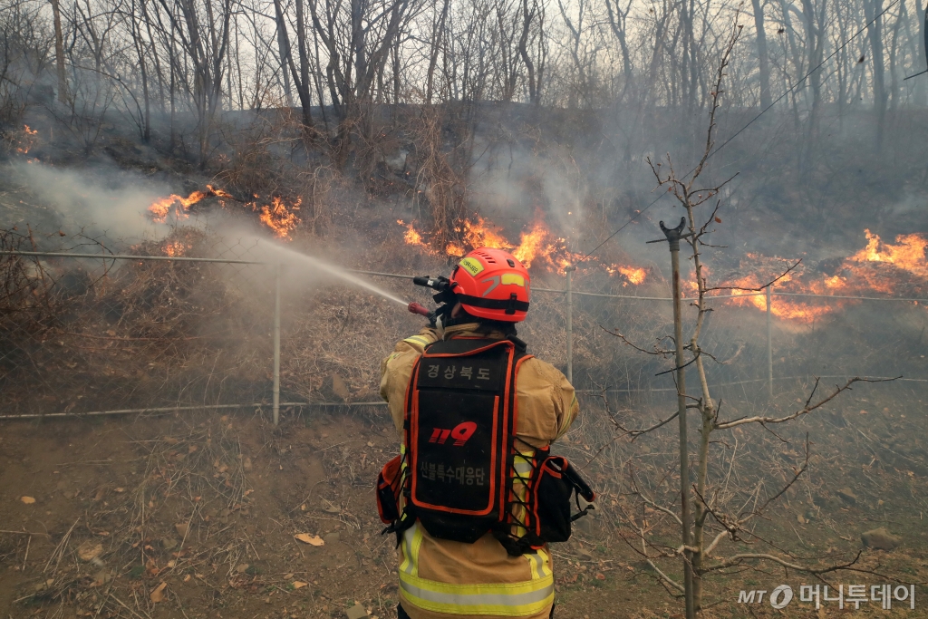 (의성=뉴스1) 공정식 기자 = 24일 경북 의성군 점곡면 윤암리 한 야산 아래 민가에서 강풍을 타고 산불이 번지자 현장에 출동한 경상북도 119산불특수대응단이 진화하고 있다. 2025.3.24/뉴스1 Copyright © 뉴스1. All rights reserved. 무단 전재 및 재배포, AI학습 이용 금지. /사진=(의성=뉴스1) 공정식 기자