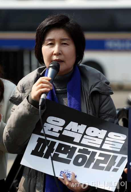 [서울=뉴시스] 백혜련 더불어민주당 의원 등 의원들이 20일 서울 종로구 헌법재판소 앞에서 열린 극우 폭력 사태 규탄 기자회견에서 발언하고 있다. 2025.03.20