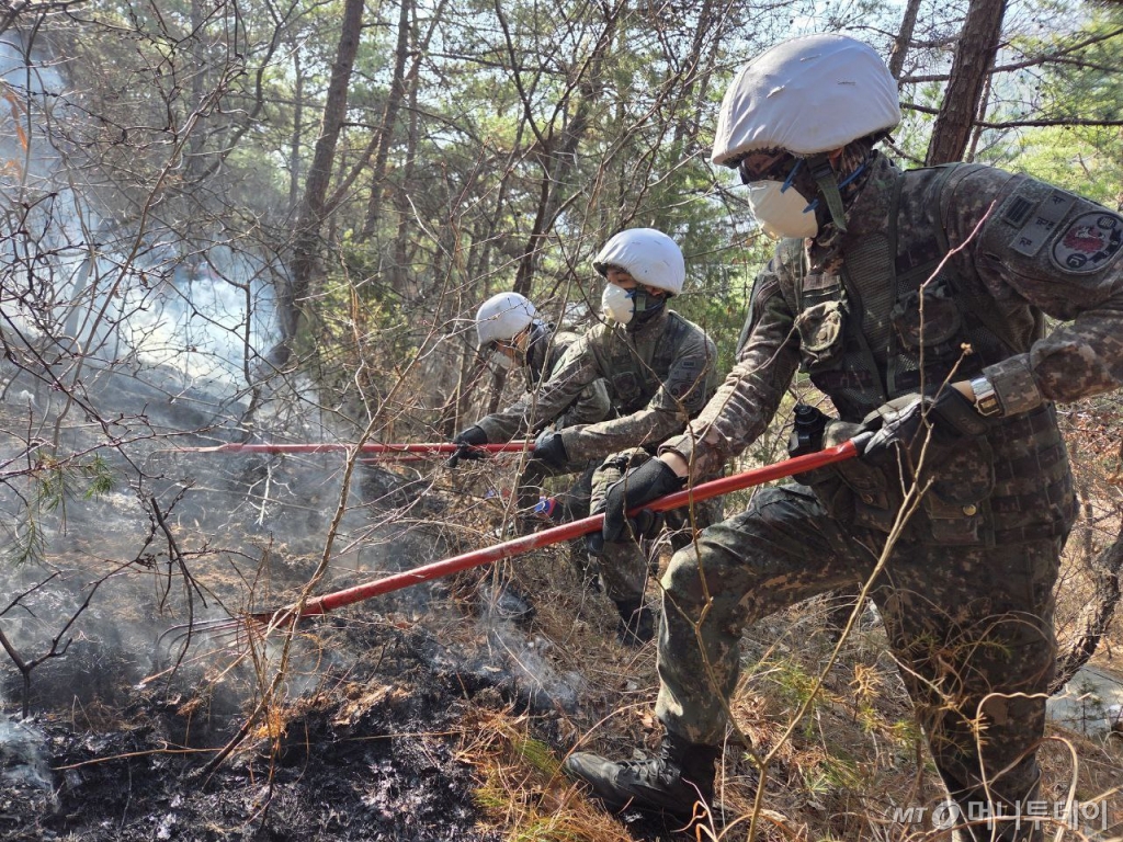 경북 의성군에 발생한 산불 진화 지원작전 현장에서 육군 50사단 장병이 화재현장에서 잔불을 정리하고 있다. / 사진=육군