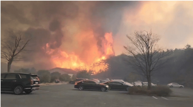 경북 안동의 골프장 캐디가 촬영한 당시 불길이 번지는 상황. 불길이 다가오는데도 직원들에게 근무를 강행했다는 주장이 나와 공분을 샀다. /사진=커뮤니티 갈무리
