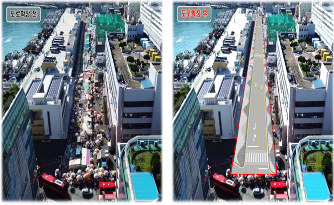 자갈치아지매시장 설치 및 주변 도로 확장 전(왼쪽)과 시장 설치 및 도로 확장 후 조감도./제공=부산시