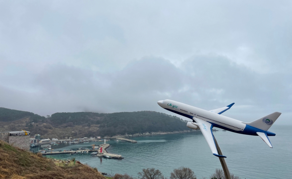 가덕도 대항전망대에서 내려다 본 가덕도신공항 부지의 모습. 앞으로 보이는 항구와 뒤로 보이는 산을 매립, 발파해 공항을 건설한다는 계획이다. /사진=김효정 기자