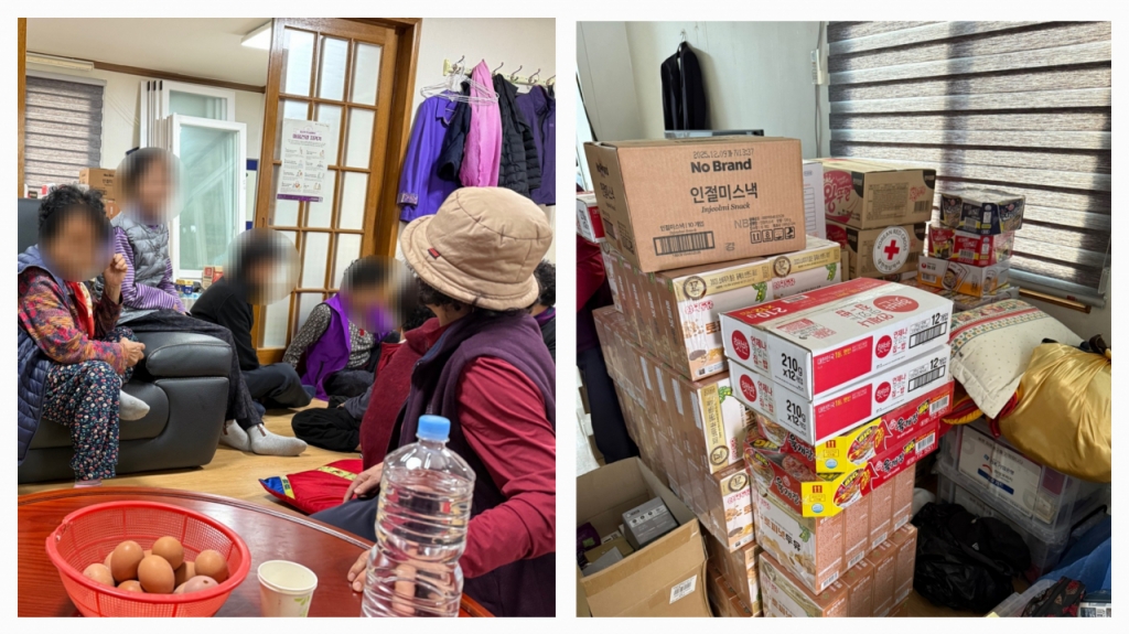 지리 경로당에 있는 20여명의 어르신들이 한승지씨에게 계란 등을 건네며 반기는 모습. /사진=한승지씨 제공