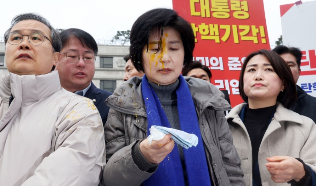 지난 20일 백혜련 더불어민주당 의원이 헌법재판소 앞에서 탄핵 찬성 기자회견 도중 한 시민이 던진 계란을 맞았다. /사진=뉴시스.