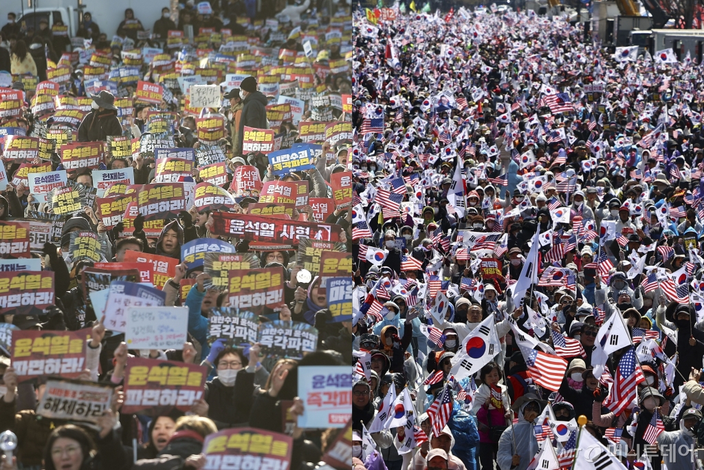 [서울=뉴시스] 정병혁 황준선 기자 = 29일 서울 종로구 동십자각에서 열린 윤석열 즉각 퇴진 사회대개혁 17차 범시민대행진(왼쪽)과 세종대로에서 자유통일당 등 보수단체 회원들이 윤석열 대통령 탄핵 반대 집회가 열리고 있다. 2025.03.29. hwang@newsis.com /사진=